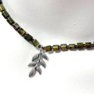 Green Unakite Short Necklace, Genuine Gemstone & Silver Leaf Branch Pendant